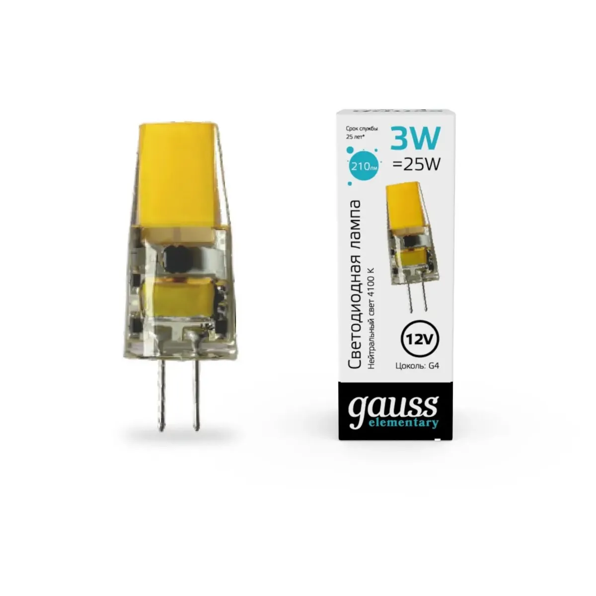 Лампа Gauss Elementary G4 12V 3W 250lm 4100K силикон LED 1/20/200 18723