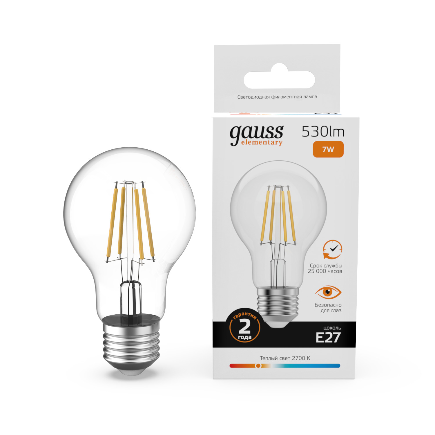 Лампа Gauss Filament Elementary А60 7W 530lm 2700К Е27 LED 1/10/50 22217