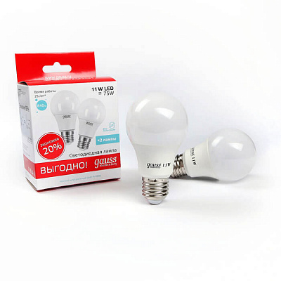 Лампа Gauss LED Elementary A60 11W E27 4100K 1/50 (2 лампы в упаковке) 23221P