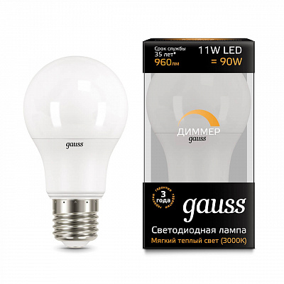 Лампа Gauss LED A60-dim E27 11W 960lm 3000К диммируемая 1/10/50 102502111-D