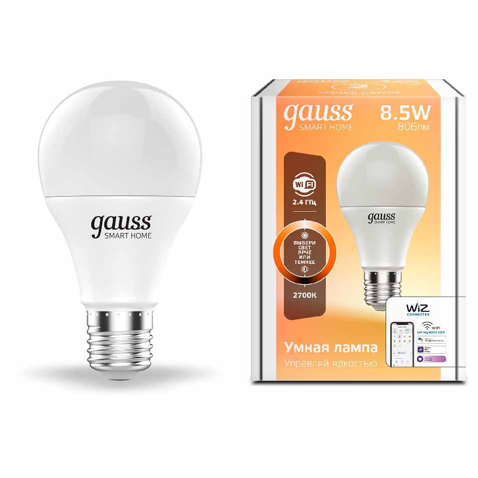 Лампа Gauss Smart Home A60 8,5W 806lm 2700К E27 диммируемая LED 1/10/40 1050112