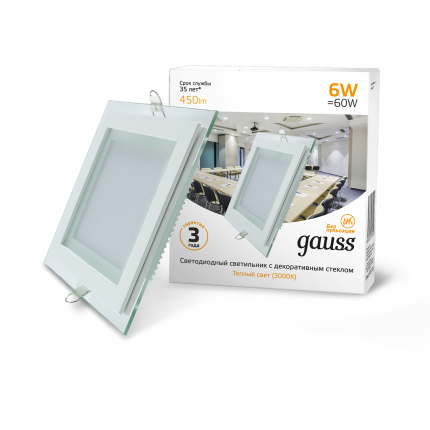 Светильник Gauss Glass кв 6W 450lm 3000K 220-240V IP20 монт Ø70х70 100*100*35 с дек стеклом LED 1/40 948111106