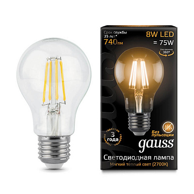 Лампа Gauss LED Filament A60 E27 8W 740lm 3000К 1/10/40 102802108