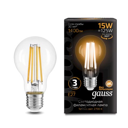 Лампа Gauss Filament А60 15W 1400lm 2700К Е27 LED 1/10/40 102902115
