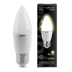 Лампа Gauss LED Свеча E27 6.5W 520lm 3000К 1/10/100 103102107