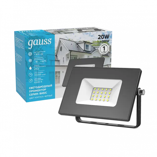 Прожектор Gauss Elementary 20W 1750lm 6500К 200-240V IP65 черный LED 1/20 613100320