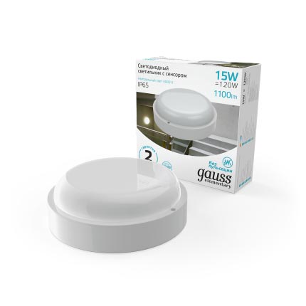 Св-к ЖКХ Gauss Elementary круг 15W 1100lm 4000K 160-260V IP65 D155*52мм бел с микровол сенс LED 1/40 126411215-S