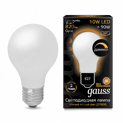 Лампа Gauss LED Filament A60 OPAL dimmable E27 10W 820lm 2700К 1/10/40 102202110-D