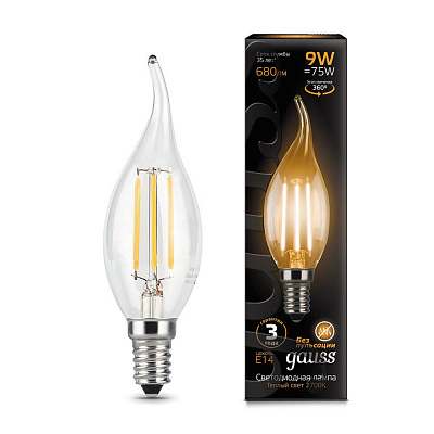 Лампа Gauss LED Filament Свеча на ветру E14 9W 680lm 2700K 1/10/50 104801109
