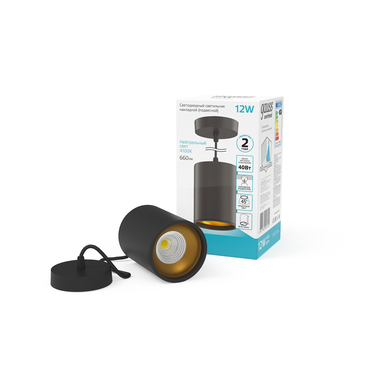 Светильник Gauss Overhead подвес цил12W 750lm 4100K 170-240V IP20 79*100мм черный золото LED 1/20 HD042