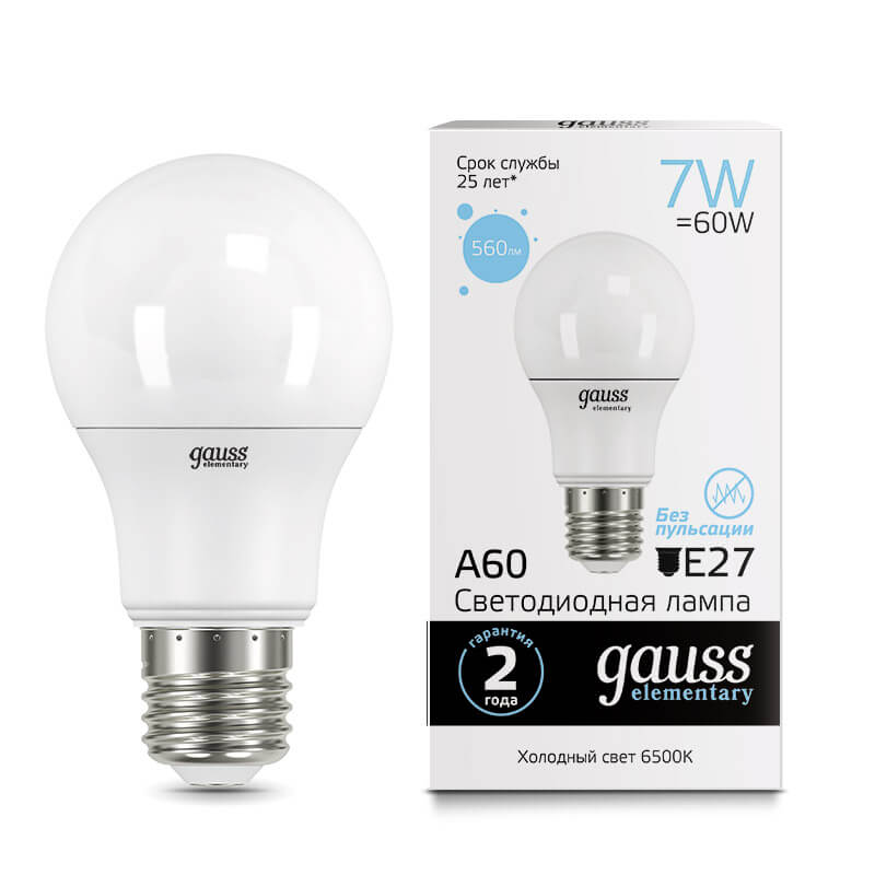 Лампа Gauss Elementary A60 7W 560lm 6500K E27 LED 1/10/100 23237A