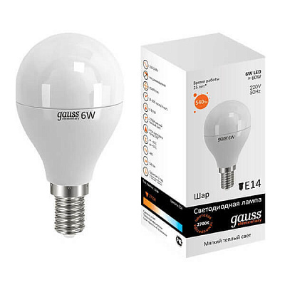 Лампа Gauss LED Elementary Шар 6W E14 420lm 3000K 1/10/50 53116