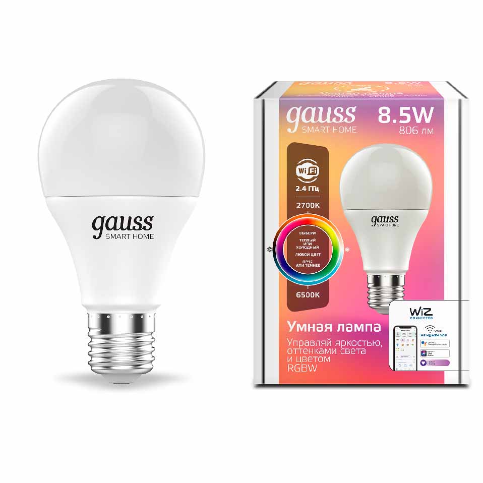 Лампа Gauss Smart Home A60 8,5W 806lm 2700-6500К E27 RGBW+изм.цвет.темп.+диммирование LED 1/10/40 1170112