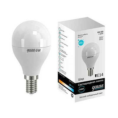 Лампа Gauss LED Elementary Шар 6W E14 450lm 4100K 1/10/100 53126