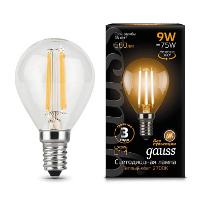 Лампа Gauss LED Filament Шар E14 9W 680lm 2700K 1/10/50 105801109