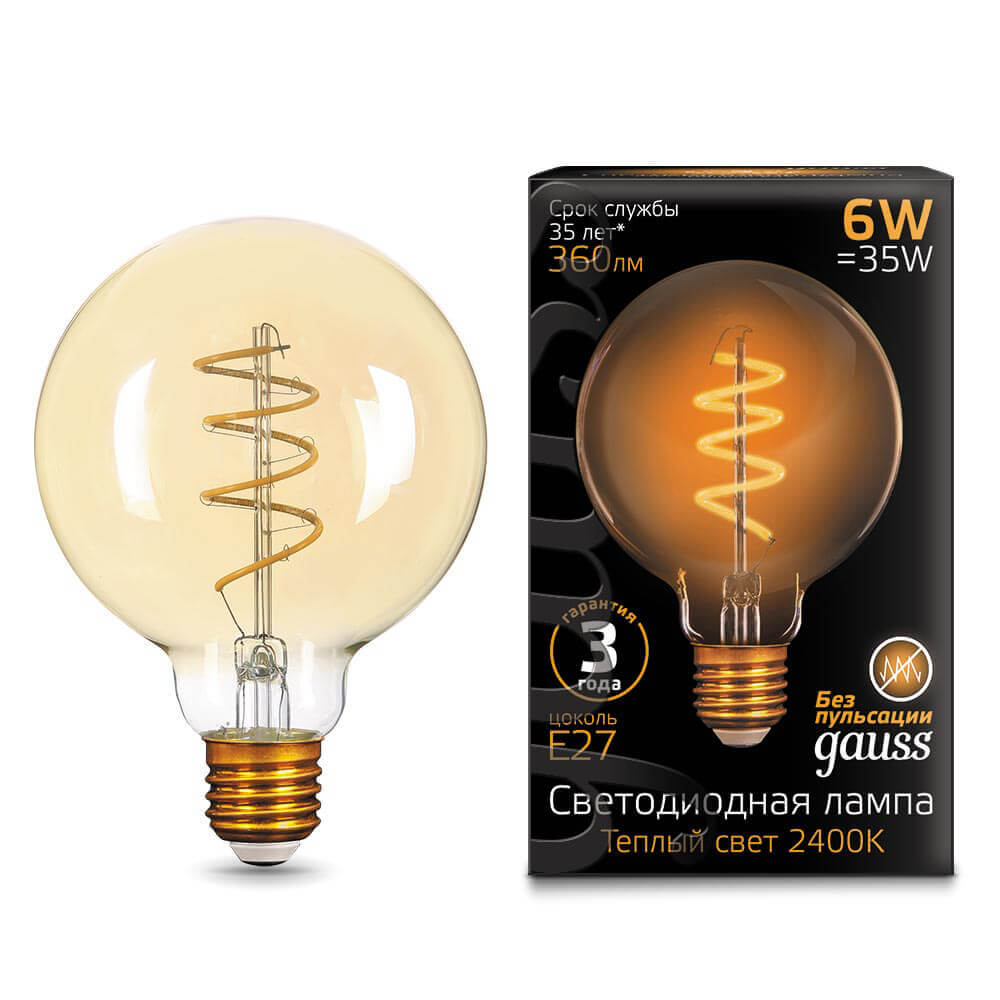 Лампа Gauss Filament G95 6W 360lm 2400К Е27 golden flexible LED 1/20 105802007