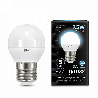 Лампа Gauss LED Шар E27 9.5W 950lm 4100K 1/10/50 105102210