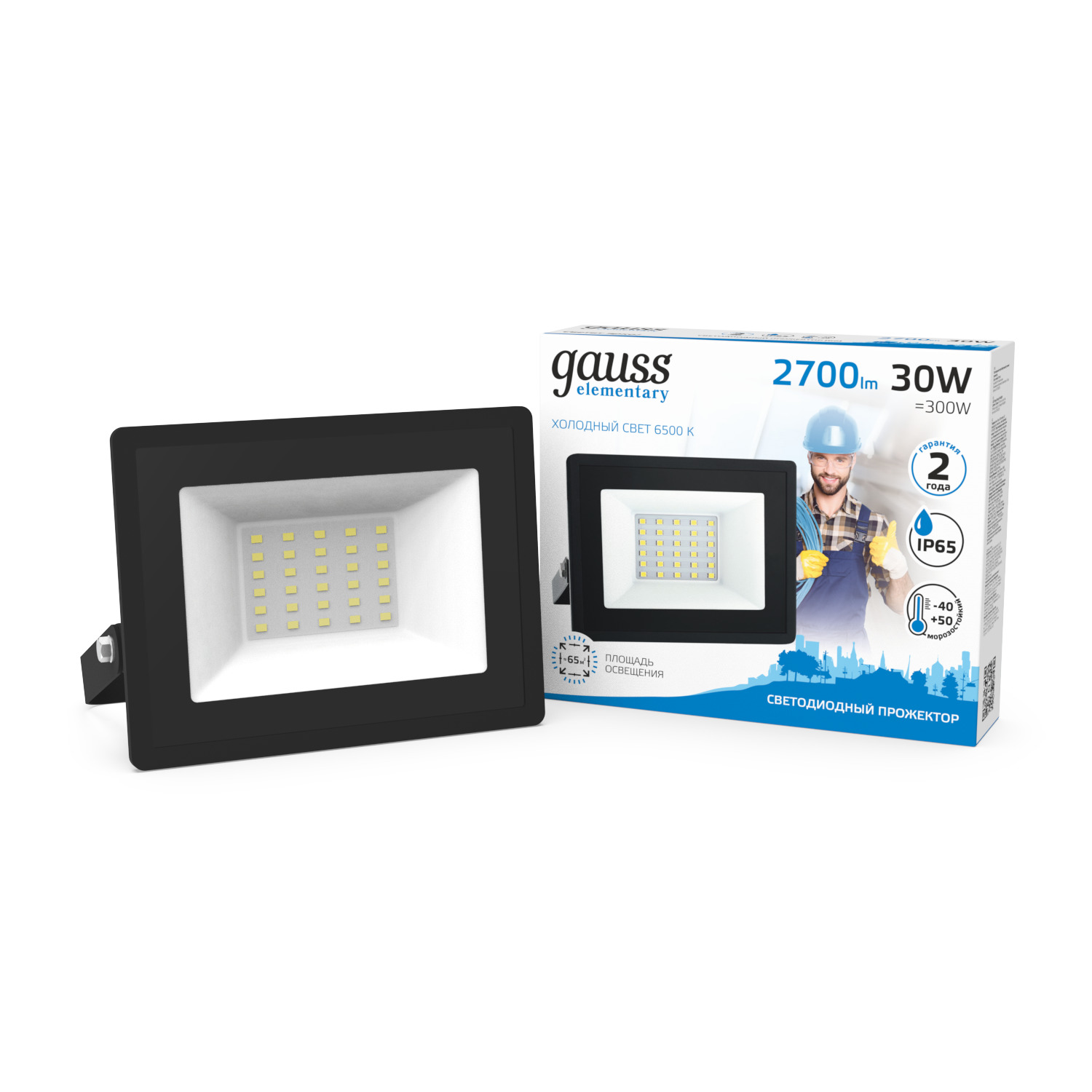 Прожектор Gauss Elementary 30W 2700lm 6500К 200-240V IP65 черный LED 1/10 613100330