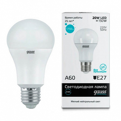 Лампа Gauss LED Elementary A60 20W E27 1600lm 4100K 1/10/50 23229