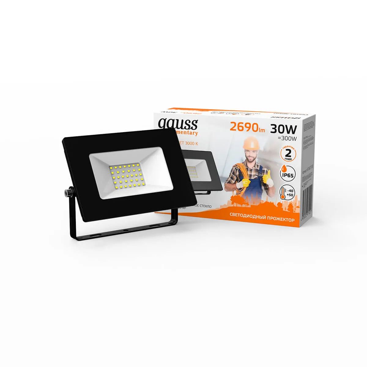 Прожектор Gauss Elementary 30W 2690lm 3000К 200-240V IP65 черный LED 1/10 613527130