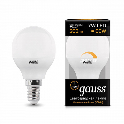Лампа Gauss LED Шар-dim E14 7W 560lm 3000К диммируемая 1/10/100 105101107-D