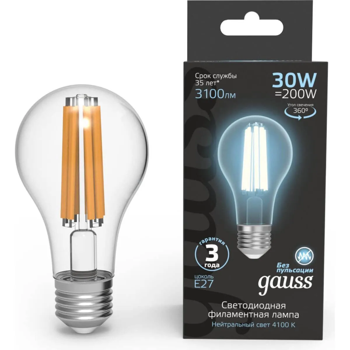 Лампа Gauss Filament А70 30W 3100lm 4100К Е27 LED 1/10/40 102902230