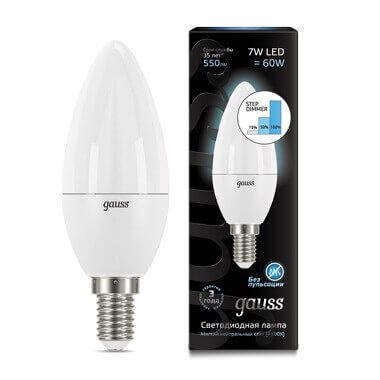 Лампа Gauss LED Свеча E14 7W 550lm 4100К step dimmable 1/10/100 103101207-S
