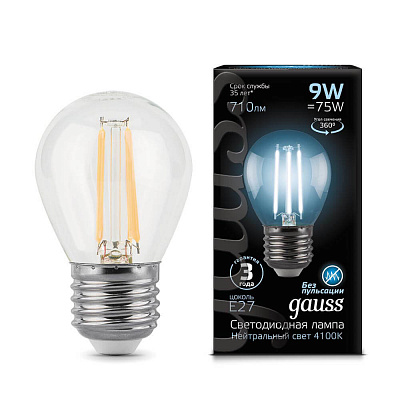 Лампа Gauss LED Filament Шар E27 9W 710lm 4100K 1/10/50 105802209