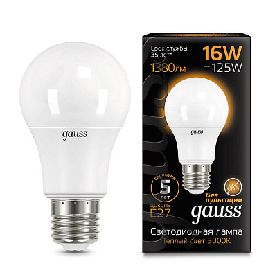 Лампа Gauss LED A60 16W E27 1380lm 3000K 1/10/50 102502116