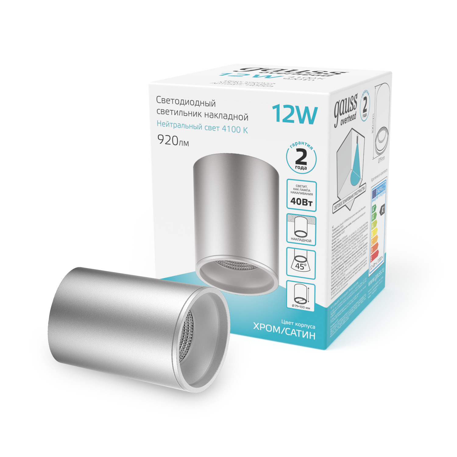 Светильник Gauss Overhead накл цил 12W 920lm 4100K 170-240V IP20 79*100мм хром сатин LED 1/30 HD004