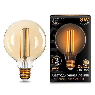 Лампа Gauss LED Filament G95 E27 8W Golden 740lm 2400К 1/20 105802008