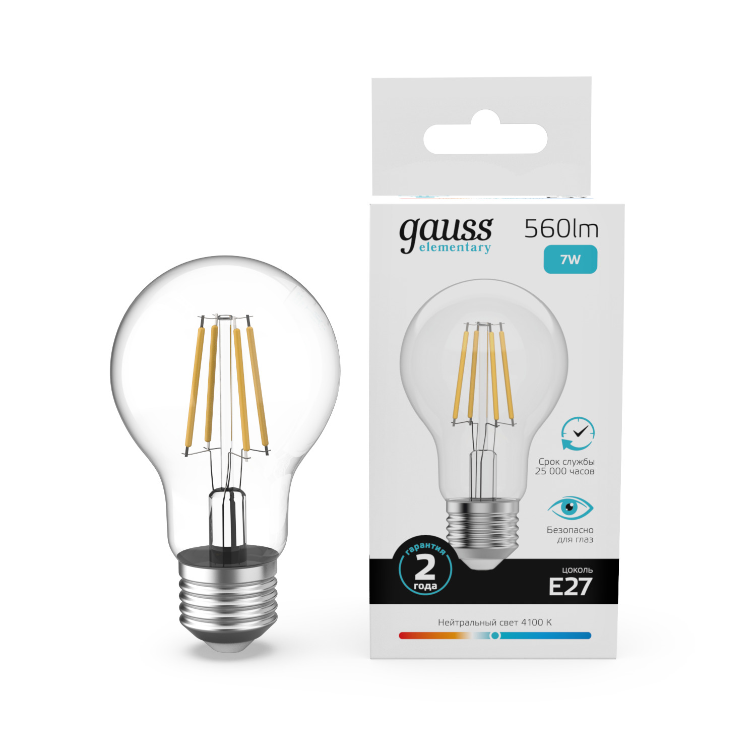 Лампа Gauss Filament Elementary А60 7W 560lm 4100К Е27 LED 1/10/50 22227