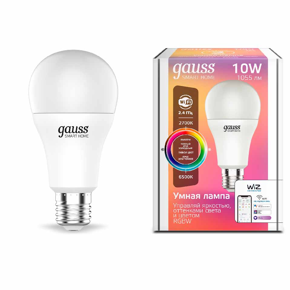 Лампа Gauss Smart Home A60 10W 1055lm 2700-6500К E27 RGBW+изм.цвет.темп.+диммирование LED 1/10/40 1180112