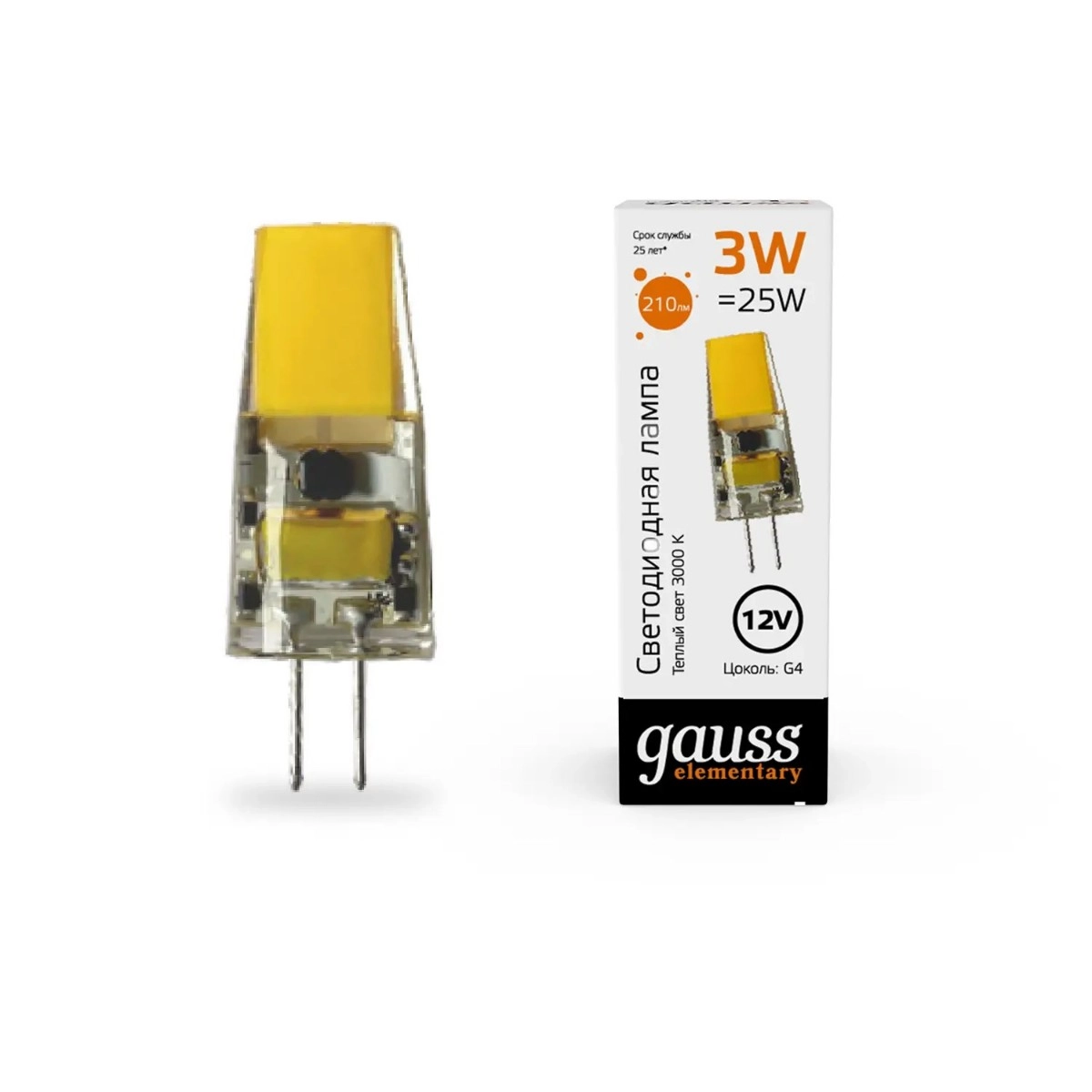 Лампа Gauss Elementary G4 12V 3W 250lm 3000K силикон LED 1/20/200 18713