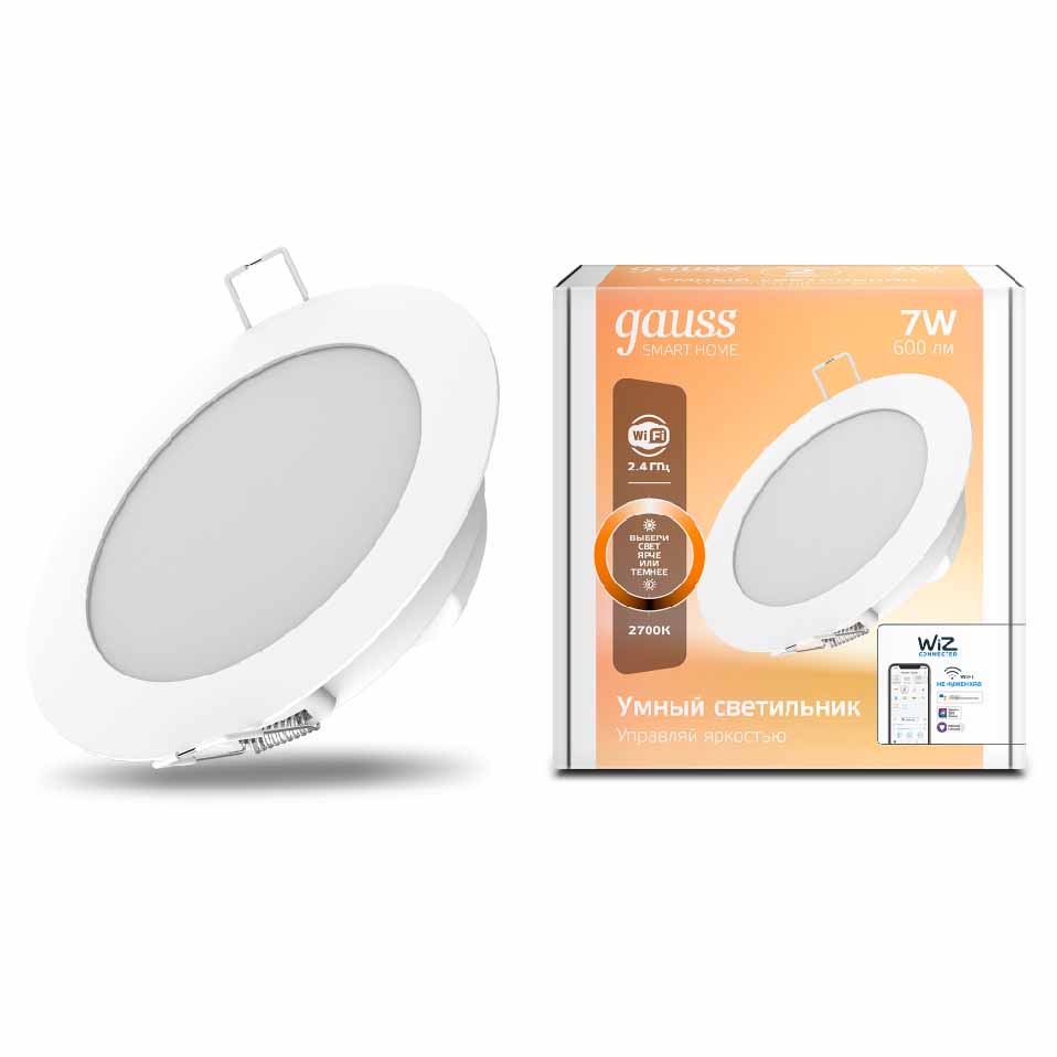 Светильник даунлайт Gauss Smart Home 7W 600lm 2700К 220-240V IP20 105*35мм диммируемый LED 1/30 2010122