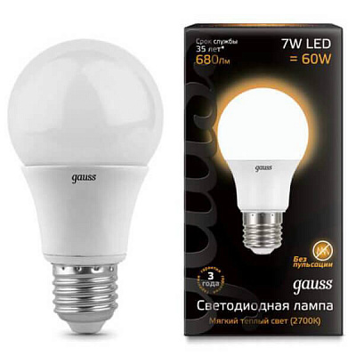 Лампа Gauss LED A60 E27 7W 680lm 3000K 1/10/50 102502107