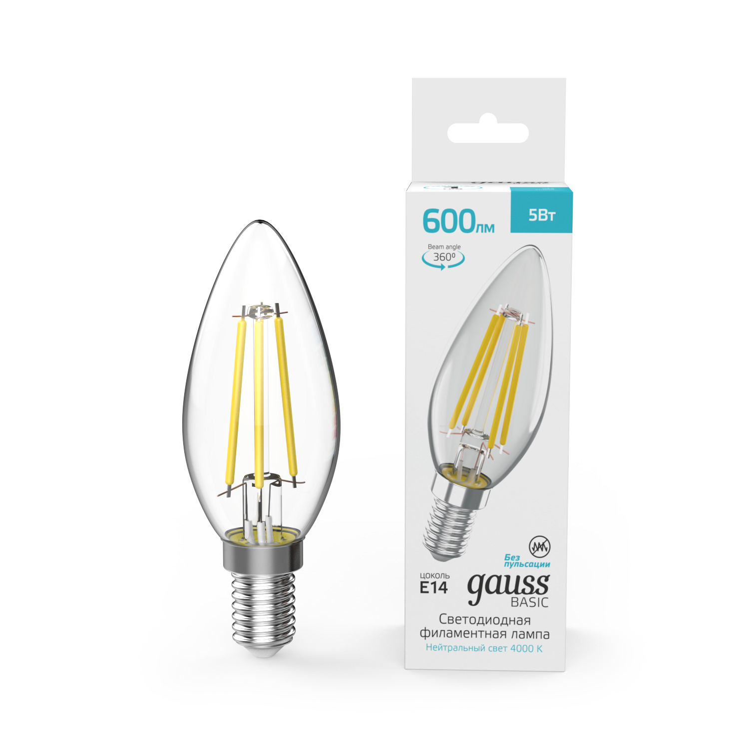 Лампа Gauss Basic Filament Свеча 5W 600lm 4000K E14 LED 1/10/50 50312252