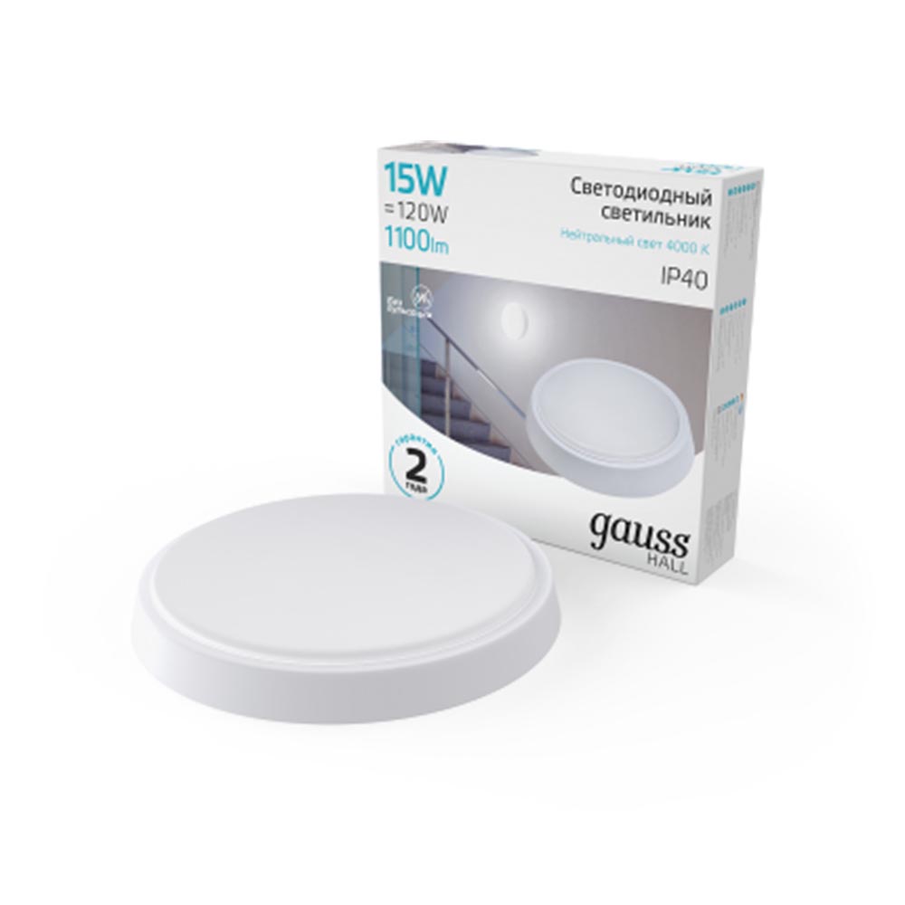 Светильник ЖКХ Gauss HALL круг 15W 1100lm 4000K 200-240V IP40 D155*33мм белый LED 1/40 193411215