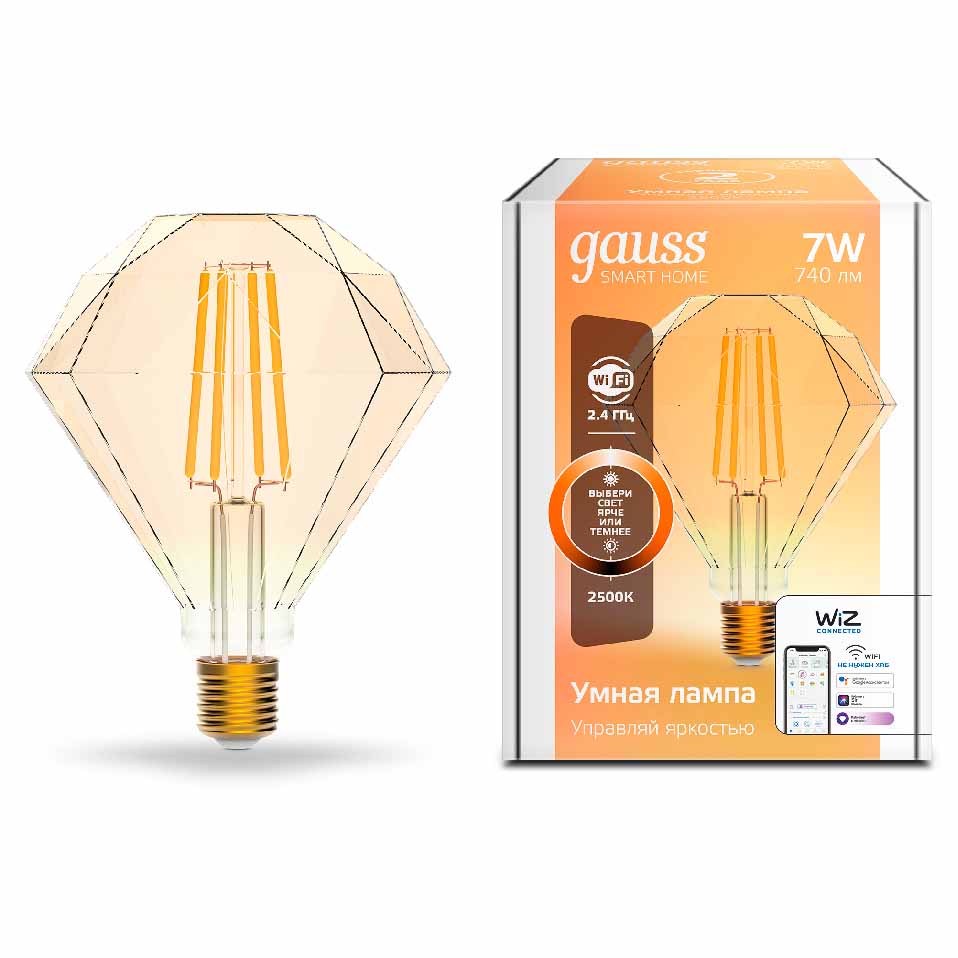 Лампа Gauss Smart Home Filament Diamond 7W 740lm 2500К E27 диммируемая LED 1/40 1350112