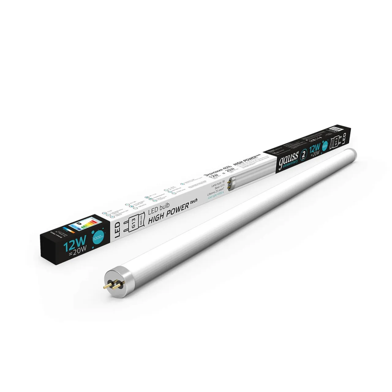 Лампа Gauss Elementary T8 12W 1000lm 4000K G13 600mm стекло LED 1/20 93022
