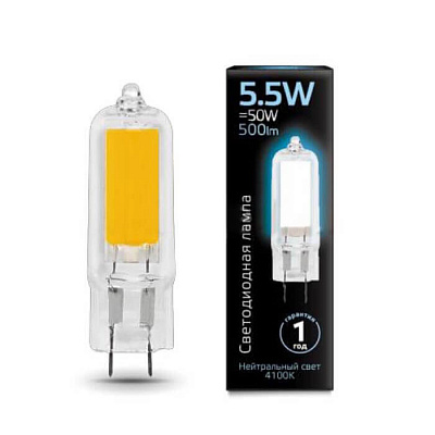 Лампа Gauss LED G4 AC220-240V 5.5W 500lm 4100K Glass 1/10/200 107807205