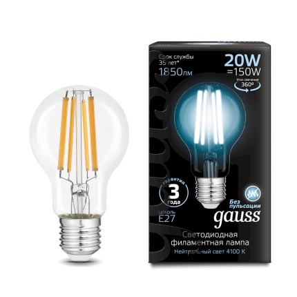 Лампа Gauss Filament А60 20W 1850lm 4100К Е27 LED 1/10/40 102902220