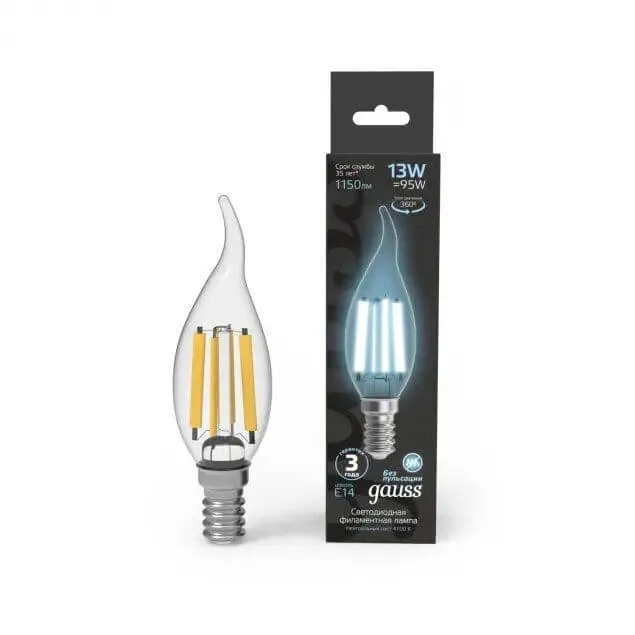 Лампа Gauss Filament Свеча на ветру 13W 1150lm 4100К Е14 LED 1/10/50 104801213