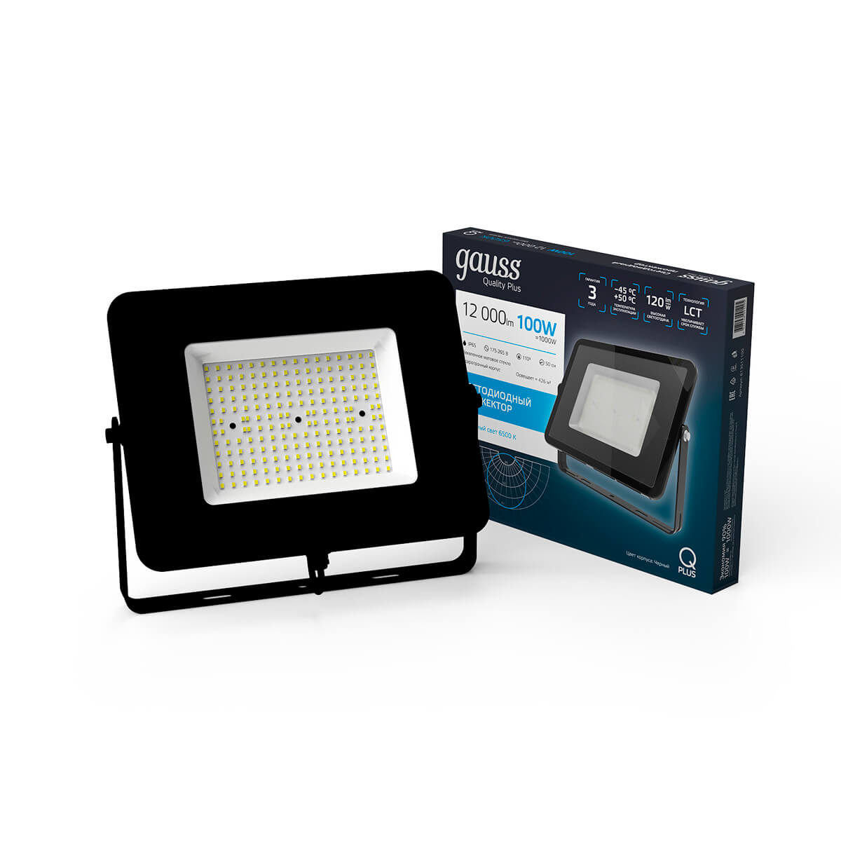 Прожектор Gauss Qplus 100W 12000lm 6500K 175-265V IP65 черный LED 1/4 613511100